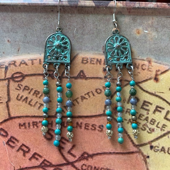 Bohemian Turquoise and Silver Dangle Earrings from OneStepFromWild designs - Picture 1 of 10